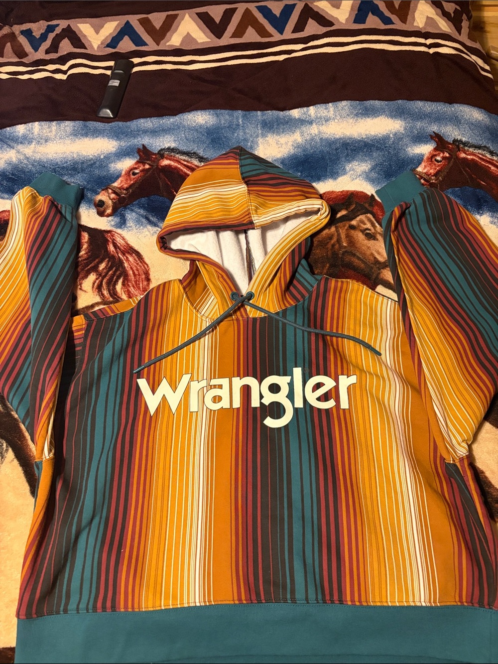Wrangler Multicolored Striped Hooded Pullover — Gold, Teal, Rust